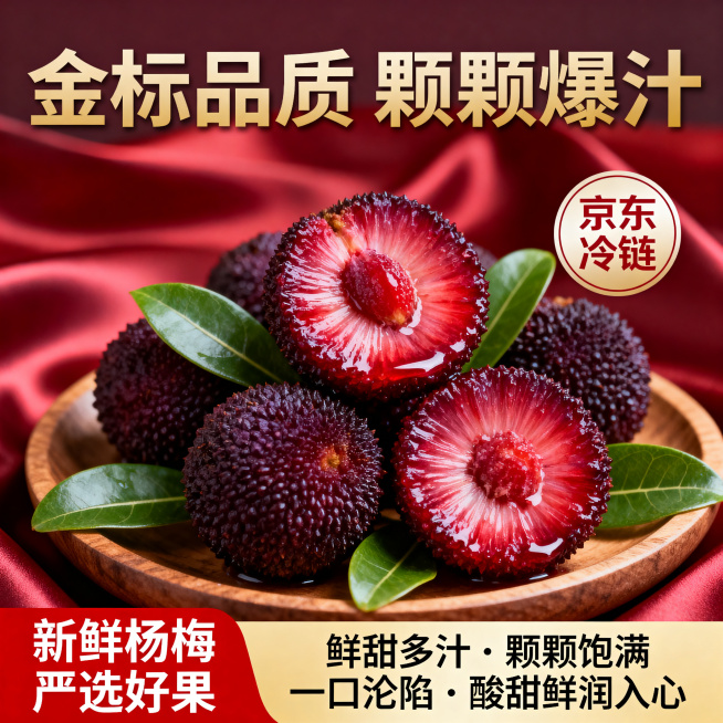 主体是一盘仙居东魁杨梅，包含多颗完整的深紫红色杨梅和一颗对半切开的杨梅，果肉鲜红饱满，果核清晰可见，搭配翠绿的杨梅叶，摆放在浅棕色的木质托盘上，突出果实的新鲜与高品质。中景构图，主体杨梅位于画面中心，预览效果