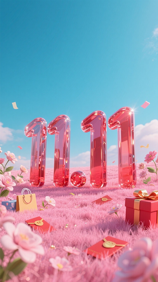 红色玻璃立体字 “11.11”置于粉色草地场景中 。周围环绕花朵、礼盒、购物红包等元素，粉蓝色背景