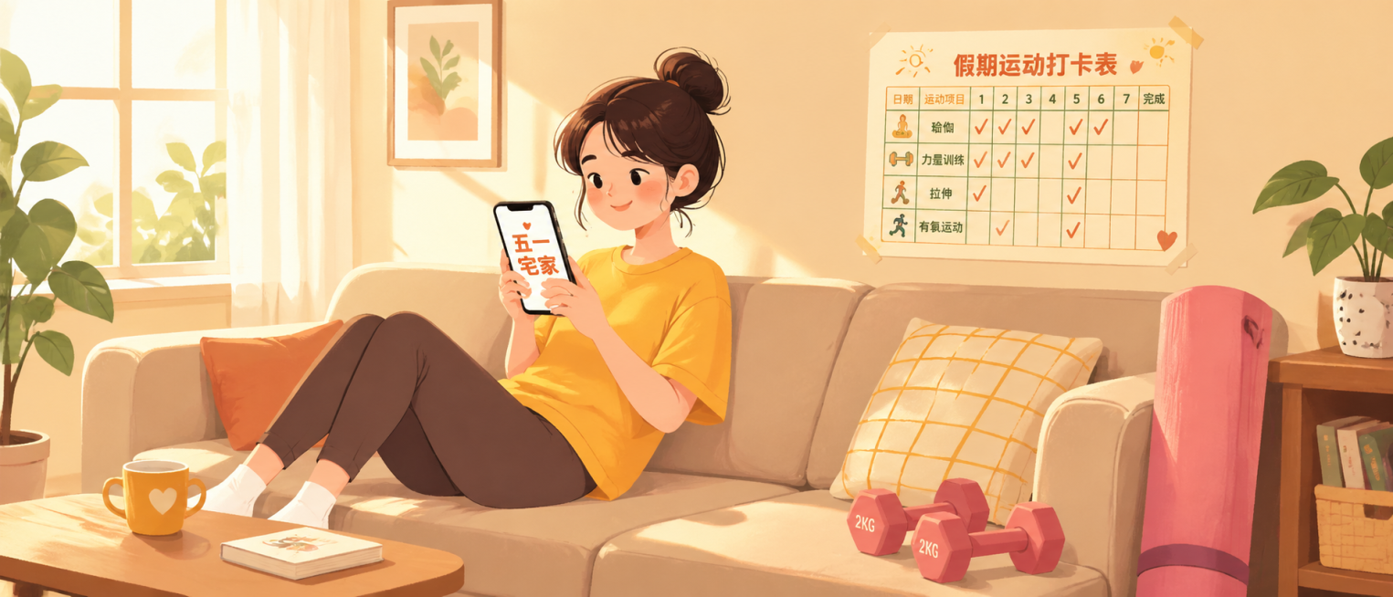 一位年轻女性坐在客厅沙发上看手机，手机屏幕上显示"五一宅家"，她旁边放着哑铃和瑜伽垫，墙上贴着一张"假期运动打卡表"，阳光从窗户洒入，表情轻松愉悦，扁平插画风格，暖色调为主预览效果