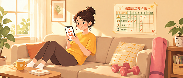 一位年轻女性坐在客厅沙发上看手机，手机屏幕上显示"五一宅家"，她旁边放着哑铃和瑜伽垫，墙上贴着一张"假期运动打卡表"，阳光从窗户洒入，表情轻松愉悦，扁平插画风格，暖色调为主