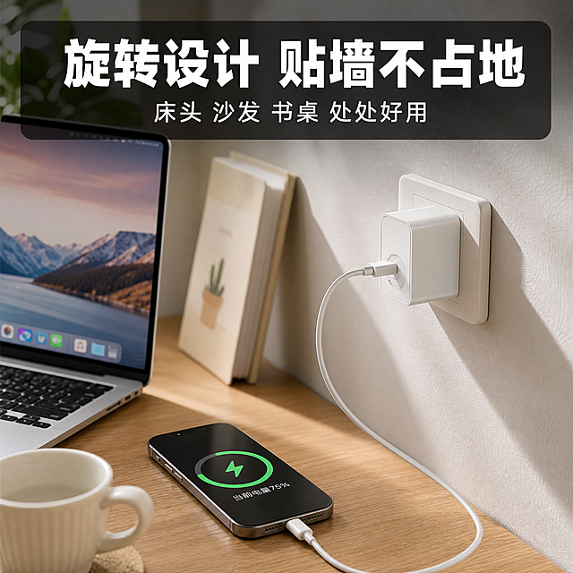 [主图-4] 真实使用场景，展示充电器在桌面/居家环境中给手机充电的真实使用状态，体现旋转插头的便利性。
[统一基调] 拼多多风格大字直白性价比，真实场景自然光感，主标题白色粗体大字配深色半透明底，强调色青绿色。
[画面] 真实居家桌面场景，白色充电器插在墙面插座上，插头旋转90°贴墙安装，节省空间。充电器通过充电线连接到桌面上的智能手机，手机屏幕显示充电中状态。桌面有笔记本、水杯等生活化物品，营造真实使用氛围。场景光线为自然室内光，温暖明亮。充电器和手机是画面焦点，背景适度虚化。
[光影质感] 真实生活场景摄影质感，自然光从侧方照入，产品有自然光影，与环境融合自然，无悬浮感，边缘过渡真实。
[配色] 场景以暖木色桌面+白色墙面为主，充电器白色，手机深色，标题白色配深色半透明底，强调色青绿色用于充电状态指示。
[文字版式] 画面上方叠加半透明深色条，白色粗体大标题「旋转设计 贴墙不占地」，下方小字副标题「床头 沙发 书桌 处处好用」。文字放在画面上方负空间，不遮挡产品主体。
[输出要求] 1:1正方形，文字清晰可读，产品与场景融合自然，无水印无平台Logo，无多余杂物。
