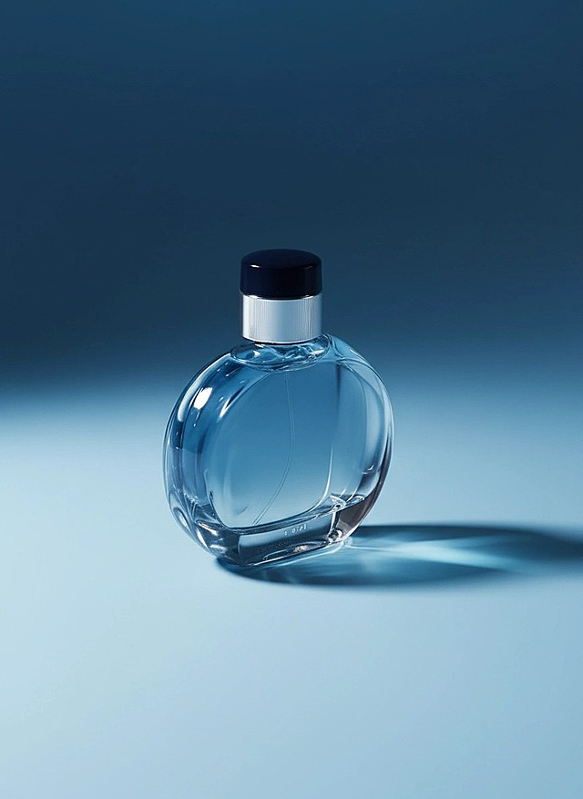 画面中心是主体，反光，玻璃质感，背景为渐变冷调蓝色，光线营造出柔和光束与阴影