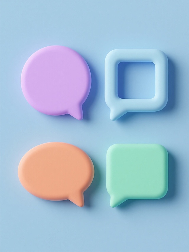 3D渲染，4个规整排列的对话框造型元素，分别为不同形状（如圆形、椭圆形、方形等），采用马卡龙色系（粉紫、浅蓝、橙色、绿色等），带有立体凸起感与细腻圆角，底部有小三角形指示箭头，纯色背景，呈现简洁3D风格。