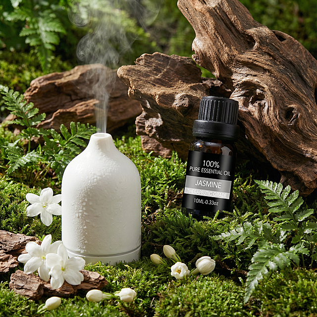 将图1中的精油瓶替换为图2的茉莉精油瓶，并将乳香原料替换为茉莉花，生成后的图片要保持图1的自然氛围和光影效果。