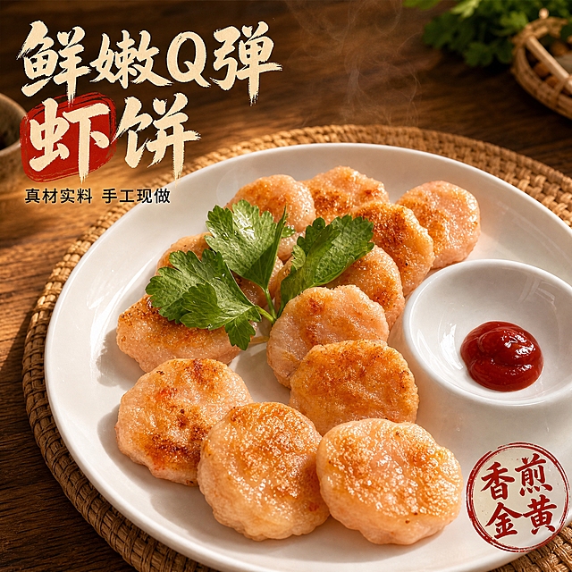 [主图-1] 首图点击率 香煎虾饼诱惑食欲展示
[统一基调] 暖调自然光 家庭餐桌氛围 食欲感摄影 粗笔刷书法主标题 米白字配暖棕背景 强调字用朱红印章样式 辅助文案用清爽黑体
[画面] 俯视45度视角 白色圆盘里整齐摆放金黄香煎虾饼 表面油亮酥脆带焦香纹理 点缀新鲜翠绿欧芹叶 右侧小碟挤有红色番茄酱 盘子放在编织餐垫上 背景是温馨的原木餐桌 柔和晨光从左侧斜射 虾饼表面泛着诱人油光 热气微微升腾 产品占画面约65% 左上方留白放文案
[光影质感] 自然暖阳逆光 食物通透有光泽 油亮质感真实 阴影柔和不生硬 商业美食摄影质感 高清微距纹理
[配色] 整体暖金棕色调 虾饼粉白带金黄焦斑 绿色欧芹点缀 番茄酱红色提亮 背景原木暖棕 文字米白主色 朱红强调
[文字版式] 左上角主标题粗笔刷书法字"鲜嫩Q弹虾饼" 下方辅助小字"真材实料 手工现做" 右下角朱红圆印章"香煎金黄" 文字不遮挡虾饼主体
[输出要求] 1:1正方形 2048px 文字清晰 虾饼纹理清晰 食欲感强 无变形 无错字 无水印 无平台Logo