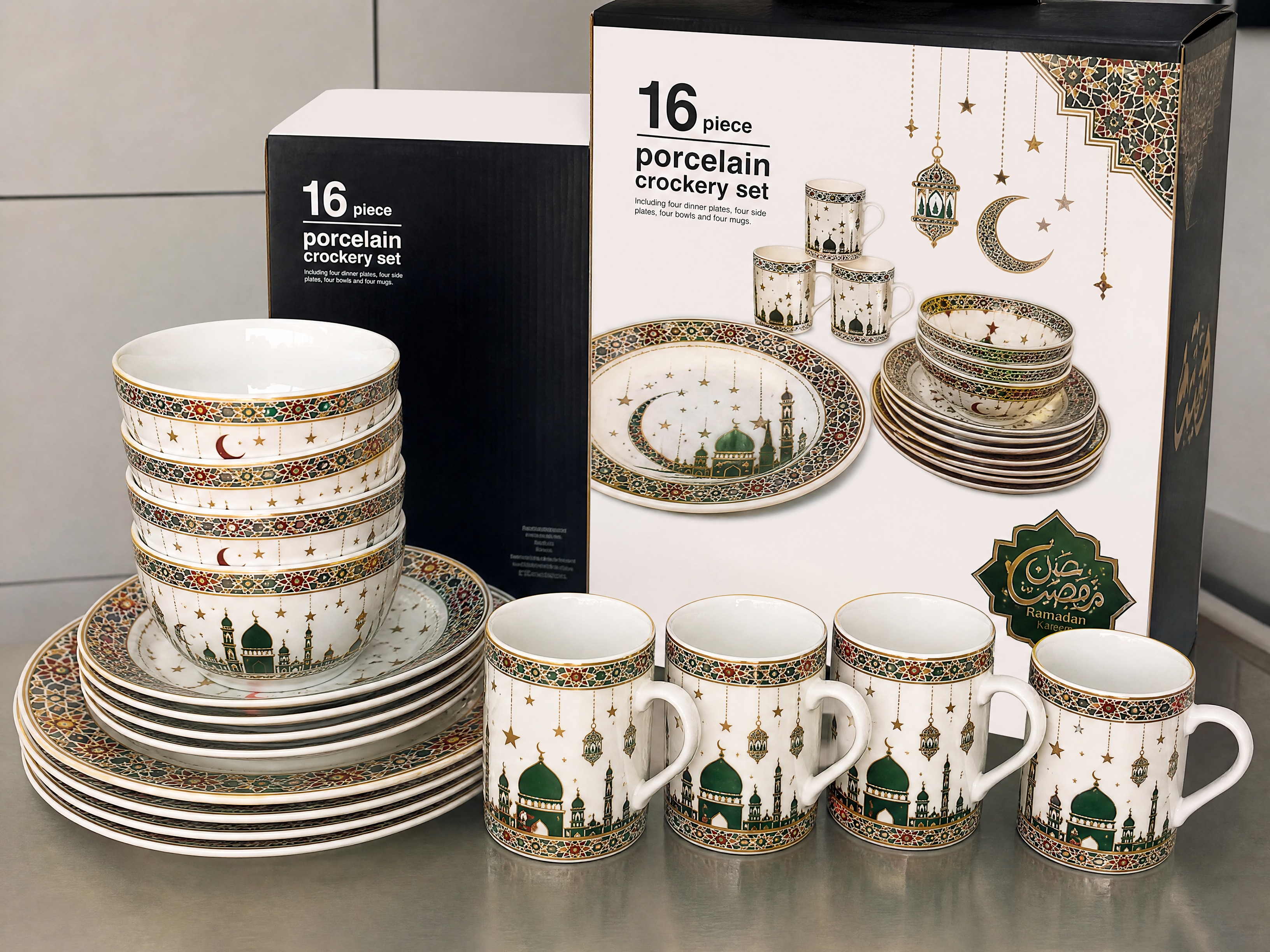 将图中的白色陶瓷餐具（盘子、碗、杯子）表面装饰上精美的斋月主题… - 图片创意预览