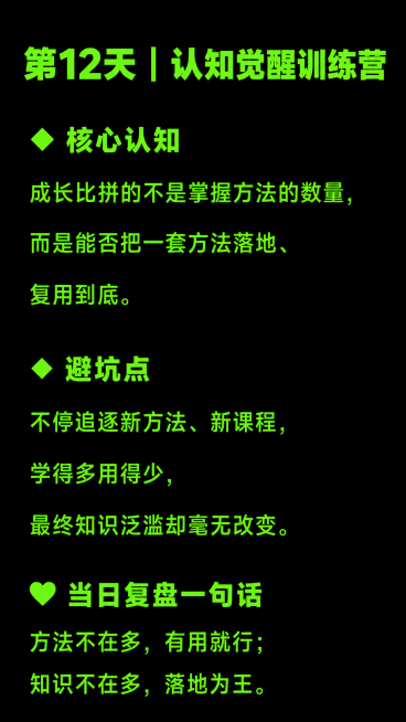 小红书竖版知识卡片，尺寸9:16，纯黑色底色#000000，所有文字是荧光绿#39FF14，顶部大标题加粗写"第12天 | 认知觉醒训练营"，内容分三个模块，第一模块标题写"🔹 核心认知"，内容写"预览效果