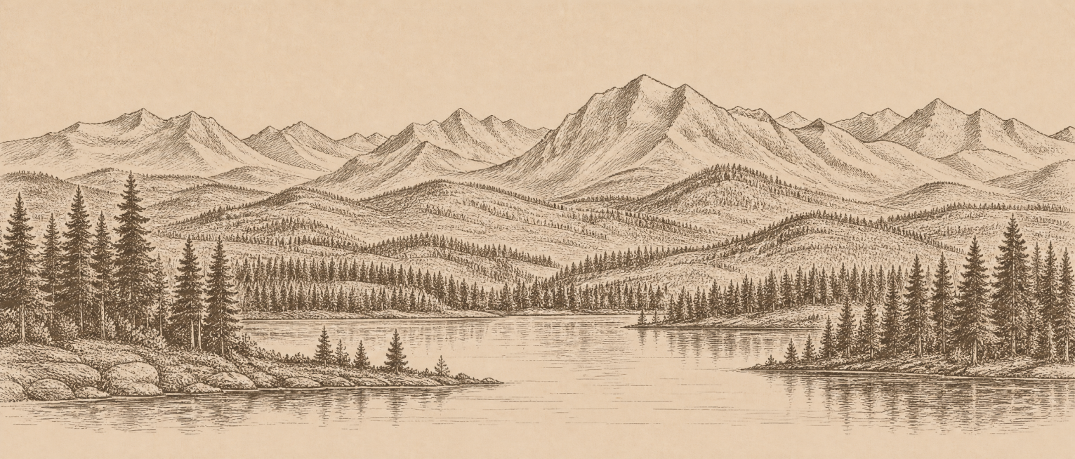 参考该图片的素描风格，重新生成山林湖泊山脉全景，保持复古手绘素描风格，米黄色背景，深棕线条预览效果