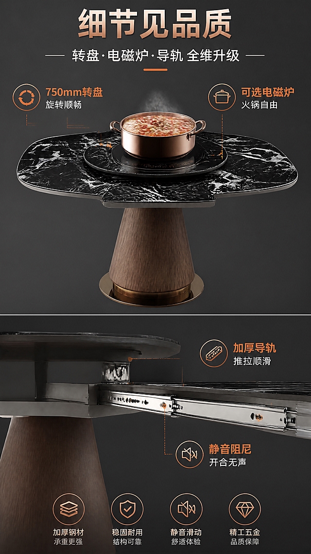 [第6张] 功能细节页-转盘+电磁炉选配+拉伸导轨结构。本张使用【图1】作为商品主体，展示功能细节。
[氛围/风格] 专业功能解析，科技质感，商业产品摄影。
[元素布局] 画面分上下两区：上区展示桌面转盘与电磁炉选配功能（转盘中心嵌入电磁炉示意，放置火锅）；下区展示餐桌侧面拉伸导轨结构特写，标注顺滑导轨、五金配件；背景为深灰色渐变，突出产品细节。
[光影质感] 定向柔光打亮功能部位，金属导轨呈现光泽，结构清晰，立体感强。
[配色色系] 全局底色深灰#2D2D2D；主色黑金+深棕；辅助色玫瑰金、白色、橙色功能标注。
[视角构图] 上半俯视+下半侧视特写，上下分区构图，阅读动线顶部标题→上区转盘功能→下区导轨结构。
[文字版式] 顶部主标题「细节见品质」，副标题「转盘·电磁炉·导轨 全维升级」；上区标注「750mm转盘 旋转顺畅」「可选电磁炉 火锅自由」；下区标注「加厚导轨 推拉顺滑」「静音阻尼 开合无声」；每项配小图标。
[比例分辨率] 9:16竖版比例，4K分辨率，文字清晰可辨。
[负向提示词] 结构错误，变形，颜色偏差，水印，文字错乱，产品模糊，背景杂乱。