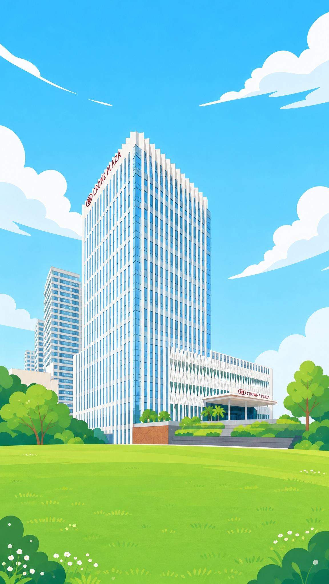 参考图1的酒店建筑外观，将其转换为图2同款的扁平卡通插画风格，… - 图片创意预览