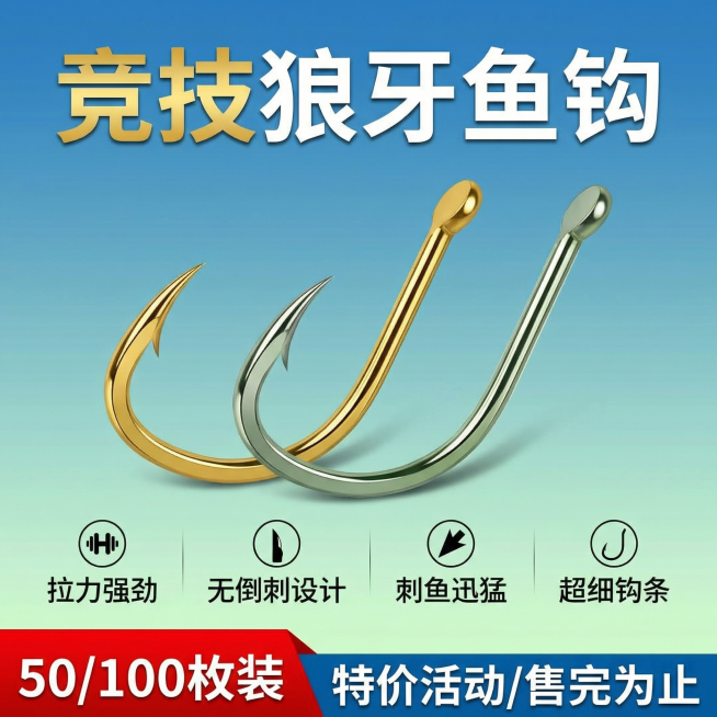 生成一张拼多多平台的竞技狼牙鱼钩商品主图，比例1:1，风格简约醒目。仅展示不超过两个鱼钩，保留参考图中鱼钩的外观，产品名"竞技狼牙鱼钩"放大展示，文字与背景颜色不同。商品核心卖点：拉力强劲、无倒刺设计预览效果