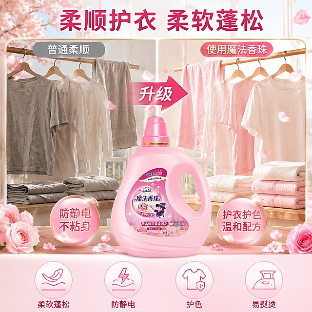 [主图-3] 柔顺护衣效果对比图 柔软蓬松质感展示。
[氛围风格] 温馨家居风 柔软质感 粉色香氛氛围 高级商业摄影。
[画质] 商业摄影质感 面料纹理清晰 光线柔和 产品真实 超高清细节。
[元素] 画面左右分屏对比结构。左侧为使用前：普通衣物 略显僵硬褶皱 色调偏灰。右侧为使用后：衣物柔软蓬松 有自然光泽 色调明亮温暖。粉色柔顺剂瓶位于画面下方中央 作为产品展示。背景为温馨的阳台晾晒场景 柔和的阳光透过白纱帘 晾衣架上挂着蓬松的毛巾和衣物 粉色樱花点缀。保持粉色柔顺剂瓶外观与输入产品图绝对一致。
[光影] 自然窗边柔光 暖调阳光 衣物纤维有柔和光泽 整体光影温馨通透 明暗层次丰富。
[配色] 主色调暖白 樱花粉 辅助色浅木色 金色 玫红。
[视角构图] 平视视角 上下分层 上半部分左右对比 下半部分产品展示 构图平衡。
[文字版式] 顶部大标题"柔顺护衣 柔软蓬松" 深玫红色最大号粗体居中。左侧对比区上方灰色标签写"普通柔顺" 右侧对比区上方粉色金色标签写"使用魔法香珠"。左右对比区中间有大大的粉色箭头指向右侧 箭头上写"升级"。产品瓶身两侧各有一个卖点标签：左侧"防静电 不粘身" 右侧"护衣护色 温和配方"。底部四个圆形图标横向排列：柔软蓬松 防静电 护色 易熨烫。文字清晰可读 现代无衬线字体。
[输出要求] 1:1比例 文字清晰可辨 超高清商业摄影质感。
[负向提示词] 变形 文字错乱 产品模糊 背景杂乱 水印 电商平台Logo。