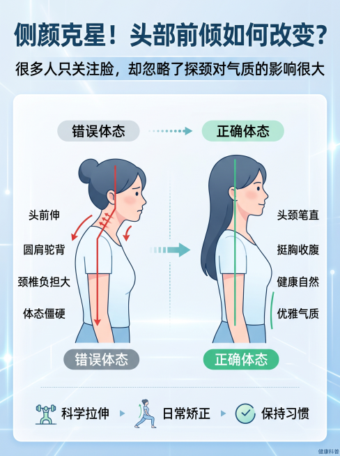 ：侧颜克星！“头部前倾”如何改变？

文案：很多宝子们只关注脸，却忽略了“探颈”（头部前倾）对气质的影响也很大！显矮、显壮、还长富贵包，整个人看起来特别没精神。
-
👩‍⚕️ 科普时间：这可不是简单预览效果
