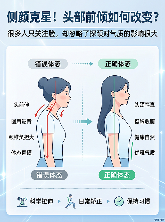 ：侧颜克星！“头部前倾”如何改变？

文案：很多宝子们只关注脸，却忽略了“探颈”（头部前倾）对气质的影响也很大！显矮、显壮、还长富贵包，整个人看起来特别没精神。
-
👩‍⚕️ 科普时间：这可不是简单的习惯不好，医学上这叫「上交叉综合症」
👉 看图1清醒一下：当你低头60度刷手机时，颈椎承受了大约27公斤的压力！相当于脖子上骑了一个8岁小孩！
👉 看图2懂原理：你的身体里有个“X型魔咒”。胸前和颈后的肌肉太紧张，把头硬生生拽到了前面；而负责拉回脑袋的深处肌肉却在“沉睡”。
✅ 保姆级医学矫正思路（跟着练！）：
1️⃣ 别上来就瞎练背。先用“门框拉伸”把缩短的胸肌打开，解除前侧的封印。
2️⃣重中之重！学会“收下巴”。注意不是低头，是水平向后缩，挤出双下巴那种感觉才对！这是为了把藏在脖子深处的那块肌肉叫醒，它是颈椎的稳定器。
3️⃣ 这是很容易被忽视的！看手机请用“ba王龙手”🦖，把手机举到视线平齐。办公把显示器垫高，保持“耳肩一线”！
-
居家搭配凯伦诗 4D 颈魔方 D8 辅助放松，
凯伦诗D8仰卧动态牵引颈椎仪
双擎双轴动态牵引，上下前后四向拉伸
躺着就能帮你把被拉紧的椎间隙慢慢归位
配合6档EMS电脉冲，唤醒沉睡的颈屈肌
再加三档热敷（38℃/41℃/44℃）
15分钟自动定时，舒服到直接睡着💤
-
主动训练+被动变好，效果1+1＞2🔥
每天睡前躺15分钟，坚持一周
你会发现脖子变直了、肩膀打开了、富贵包也小了
拒绝头前倾，找回天鹅颈！跟着这套方法科学练习，气质提升不止一点点！🦢
-仅科普分享，个体差异请遵医嘱。

根据以上内容帮我生成一套5张以文字内容为主的科普内容配图，要求风格保持一致，内容准确排版合理，每张图片主题明晰，最后植入产品（产品外观与参考图保持一致），比例3：4，