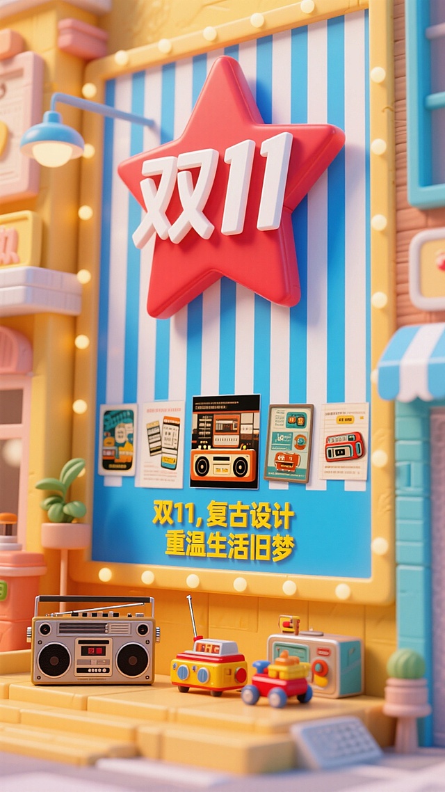 软3D风微缩艺术场景，复古卡通玩具与暖光灯饰交织，营造温馨喜庆的双11促销氛围，趣味十足。