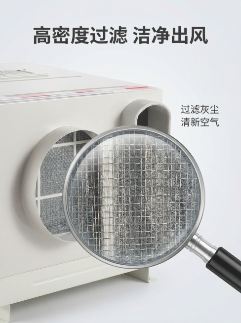 基于提供的菱伴电梯空调原图，保留产品外观不变，采用微距特写突出核心过滤网格细节，放大镜效果放大进风口过滤网格材质，展示高密度滤网纹理。主标题"高密度过滤 洁净出风"位于画面上方，文字说明"过滤灰尘 清预览效果