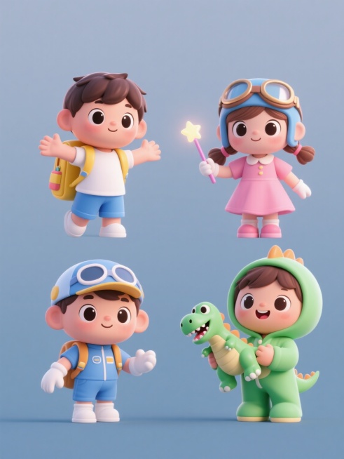 3D渲染风格，纯色背景，四个造型完全不同的可爱卡通小人元素系列素材集合，规整排布。每个小人都具有圆润饱满的Q版造型，大大的眼睛，明亮的色彩，高光阴影处理细腻，呈现出光滑的塑料质感。第一个小人是背着黄色书包、穿着白色T恤和蓝色短裤、张开双臂的男孩；第二个小人是穿着粉色连衣裙、扎着双马尾、手持魔法棒的女孩；第三个小人是戴着飞行员帽子、穿着蓝色飞行服、手戴白色手套的小男孩；第四个小人是穿着绿色恐龙睡……预览效果