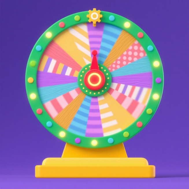 不同配色、不同风格、不同材质、不同样式的幸运转盘，扁平化设计风格，几何图形构成，圆形转盘带有均匀分布的辐条，中心有红色指针和发光效果，绿色边框点缀彩色圆点，黄色底座，简洁明快的色彩搭配，卡通化的视觉效果，转盘可设计为金属质感、木质纹理、塑料光滑表面等不同材质，辐条可采用条纹、渐变色、图案填充等不同样式，边框可添加齿轮、花纹、灯带等装饰元素，底座可设计成不同形状和支撑结构，整体保持简洁易懂的视觉……预览效果