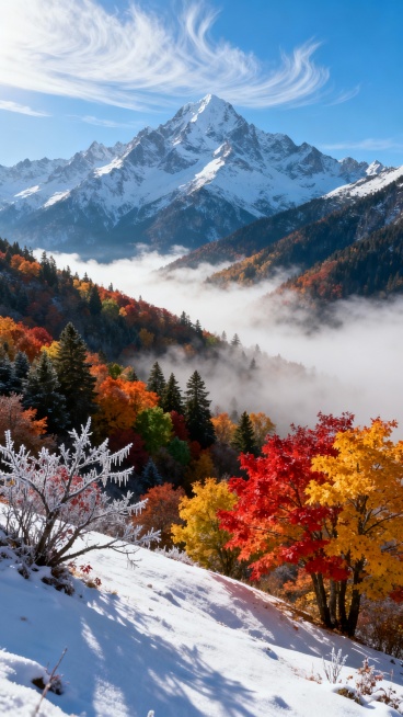 一幅壮丽的高山秋景图，远处是覆盖着皑皑白雪的巍峨山峰，天空湛蓝，点缀着轻盈飘逸的丝状云朵；中景是层林尽染的山坡，枫树与松树交织，红、橙、黄、绿色彩斑斓，浓雾如纱般缭绕山谷，营造出梦幻般的朦胧感；前景是被初雪轻覆的缓坡，几株色彩鲜艳的落叶树（尤其是火红与金黄的枫树）挺立其中，枝干上挂着薄霜，与背景的冷色调形成温暖对比；整体采用高动态范围摄影风格，光线明亮柔和，从左上方洒下，形成自然的明暗过渡与细……预览效果