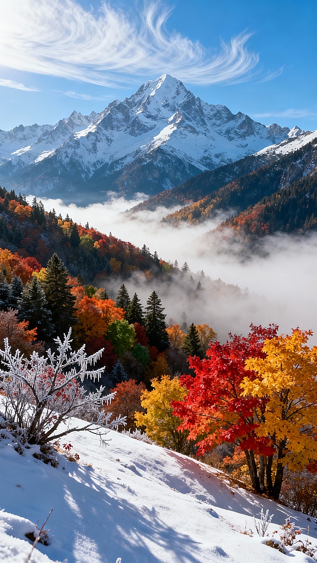 一幅壮丽的高山秋景图，远处是覆盖着皑皑白雪的巍峨山峰，天空湛蓝，点缀着轻盈飘逸的丝状云朵；中景是层林尽染的山坡，枫树与松树交织，红、橙、黄、绿色彩斑斓，浓雾如纱般缭绕山谷，营造出梦幻般的朦胧感；前景是被初雪轻覆的缓坡，几株色彩鲜艳的落叶树（尤其是火红与金黄的枫树）挺立其中，枝干上挂着薄霜，与背景的冷色调形成温暖对比；整体采用高动态范围摄影风格，光线明亮柔和，从左上方洒下，形成自然的明暗过渡与细腻阴影，画面构图遵循三分法，视觉焦点集中在前景的彩色树木与远山之间，氛围宁静而诗意，充满季节交替的浪漫与自然的恢弘气势，细节丰富，纹理清晰，适合用作风景海报或艺术壁纸。
