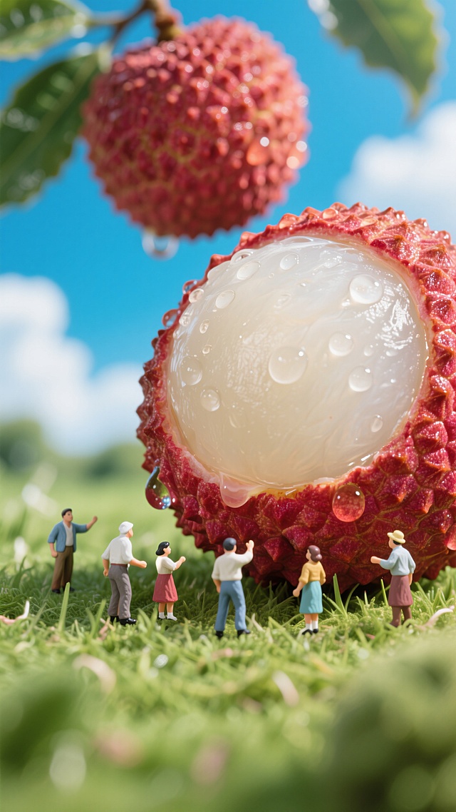 一个巨大的荔枝放在地上，突出荔枝新鲜水润多汁，剥开的部分上带有水珠，旁边有几个小人画面明亮清新，蓝天白云草地的背景。