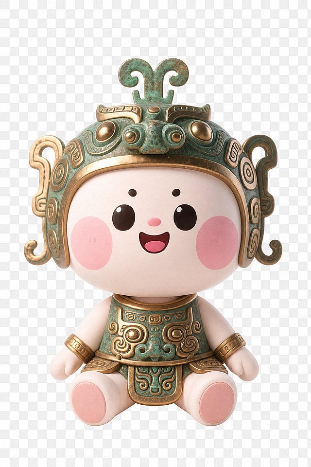 参考图中这个IP形象保留青铜纹装饰和粉肤色，做出坐姿姿势，透明背景，PNG格式