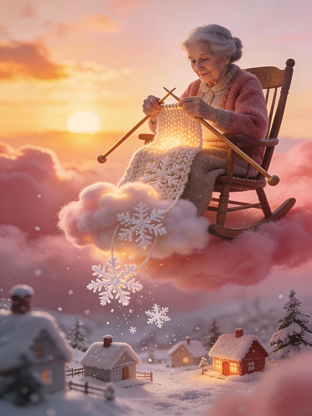 梦幻感与温馨感交织的插画风画面，微缩艺术般的雪镇在暮色中闪烁，老奶奶于云上摇椅编织星光毛毯，水彩质感与粒子飘雪营造超现实冬日奇境。
