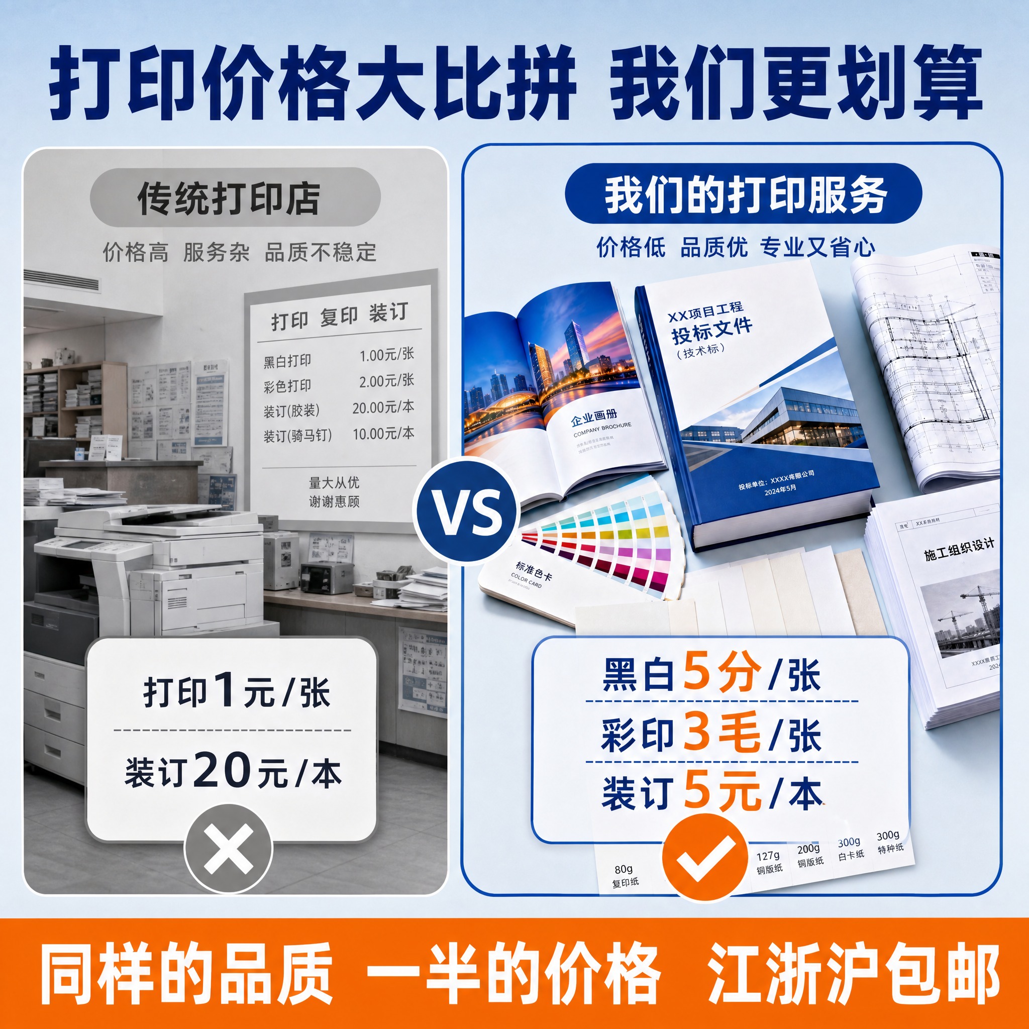 基于参考图的蓝橙配色和打印服务风格，生成一张价格对比主图。画面… - 图片创意预览