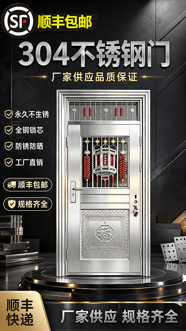 写实商业五金建材商品营销海报，商品为304不锈钢入户防盗门，100%还原上传商品图的产品外形、包装、LOGO、印刷文字，完整保留原图中的轮廓、结构、比例、关键部件、材质质感、颜色与正面朝向，设计仅作用于背景、光影、道具、版式和文字区；主标题为"304不锈钢门"，副标题为"厂家供应品质保证"，卖点信息为"永久不生锈"、"全铜锁芯"、"防锈防晒"、"工厂直销"，装饰文案为"顺丰包邮"、"规格齐全"，完整保留原图文案:"SF顺丰包邮、304不锈钢、永久不生锈、全铜锁芯、防锈防晒、现货先发、工厂直销、品质保证、顺丰快递、厂家供应规格齐全"；采用深色金属质感硬朗工业风背景，主体产品居中展示，产品占比约65%，文字不遮挡主体，版式精美，分区清晰，层级分明，所有文字清晰可读，画面中所有数字必须精确渲染，不得错位、遗漏或编造，画面中所有信息区域必须填充完整合理的内容，不得出现空白框或占位。
