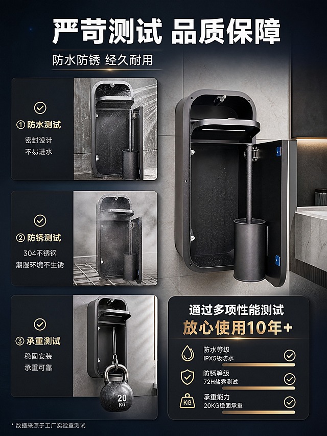 [商品] 使用【图2】黑色款嵌入式壁龛开门结构图；保留不锈钢材质、满焊工艺、铰链结构、内部空间；用于性能测试展示。
[画面] 目标：功能测试证明，体现防水防锈承重耐用。左右分栏对比布局，左侧3项测试场景小图（防水测试：水流喷淋/防锈测试：盐雾环境/承重测试：挂重物），右侧产品主体+测试结论信息卡。阅读动线：顶部标题→左侧三项测试→右侧产品+总结。
[视觉] 套系策略：风格=现代轻奢商业卫浴摄影风；标题字=现代无衬线粗黑体；正文字=简洁无衬线体；主色=高级灰+米白瓷砖色；背景延展=深蓝灰渐变底+科技感光斑；强调色=香槟金，仅用于通过标识和引线；标题色=白色；正文色=浅灰；组件=深色圆角测试卡、对勾通过标识、测试数据条；光影=侧前方硬光，突出金属质感与测试场景真实感。
[文字] 顶部主标题"严苛测试 品质保障"，副标题"防水防锈 经久耐用"。左侧3项测试：①防水测试 密封设计 不易进水 ②防锈测试 304不锈钢 潮湿环境不生锈 ③承重测试 稳固安装 承重可靠。右侧总结信息卡：通过多项性能测试 放心使用10年+。文字横向排版。
[规格] 图片比例3:4竖版，4K，medium。避免变形、错字、文字过小、测试场景虚假、夸大承诺。