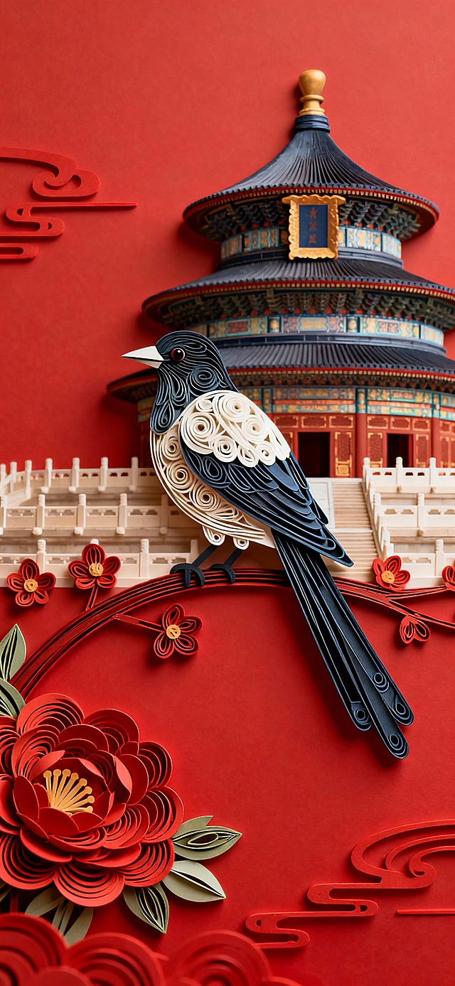 北京要红色的 长图 衍纸喜鹊的