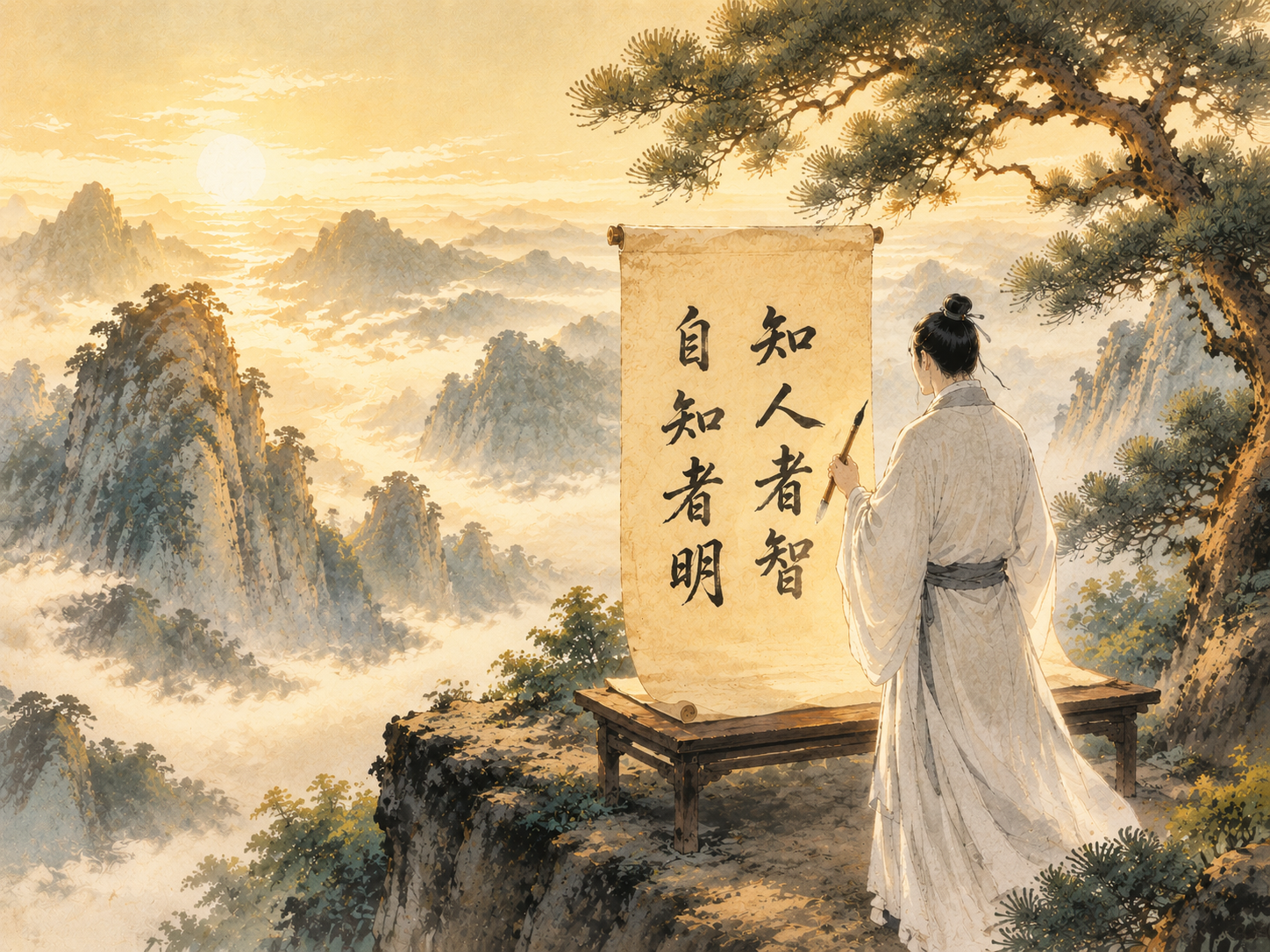 参考图的中国风水墨插画风格，一位身穿白色长袍的古代男子背对观者… - 图片创意预览
