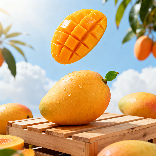 商业美食摄影，小台农芒果主题，明亮清新色调，前景一颗完整的金黄色小台农芒果作为主体，果皮带水珠，果蒂翠绿，周围摆放几个芒果作为点缀，上方悬浮一块切好的格纹芒果果肉，果肉色泽鲜亮橙黄。背景为浅蓝色天空与白云，搭配虚化的芒果树叶和橙黄色果实，营造热带果园氛围。构图为浅景深，原木色木质板条箱承载芒果，自然柔和侧逆光，突出果肉通透感和果皮水润光泽，风格干净治愈，高饱和度色彩，细节清晰，适合电商产品图，8K超写实，质感细腻