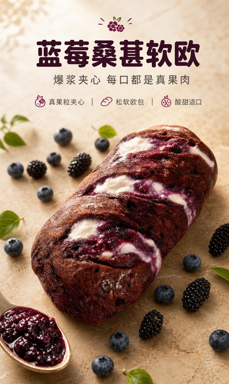 [商品] 使用【图1】蓝莓桑葚软欧面包；保留面包深褐紫色外皮、… - 图片创意预览