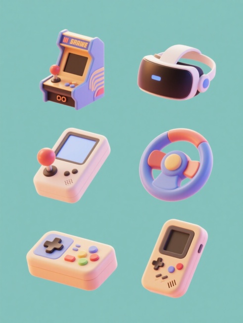 一个纯色背景上的6个完全不同的游戏机元素系列素材集合，保持3D立体渲染风格，圆润光滑的造型，明亮柔和的光影效果，丰富的色彩搭配，元素规整排布，包括复古街机摇杆、掌上游戏机、VR头显、游戏方向盘、街机按键面板和游戏掌机，每个元素都具有独特的形态和细节，整体呈现出统一的现代感和科技感。预览效果