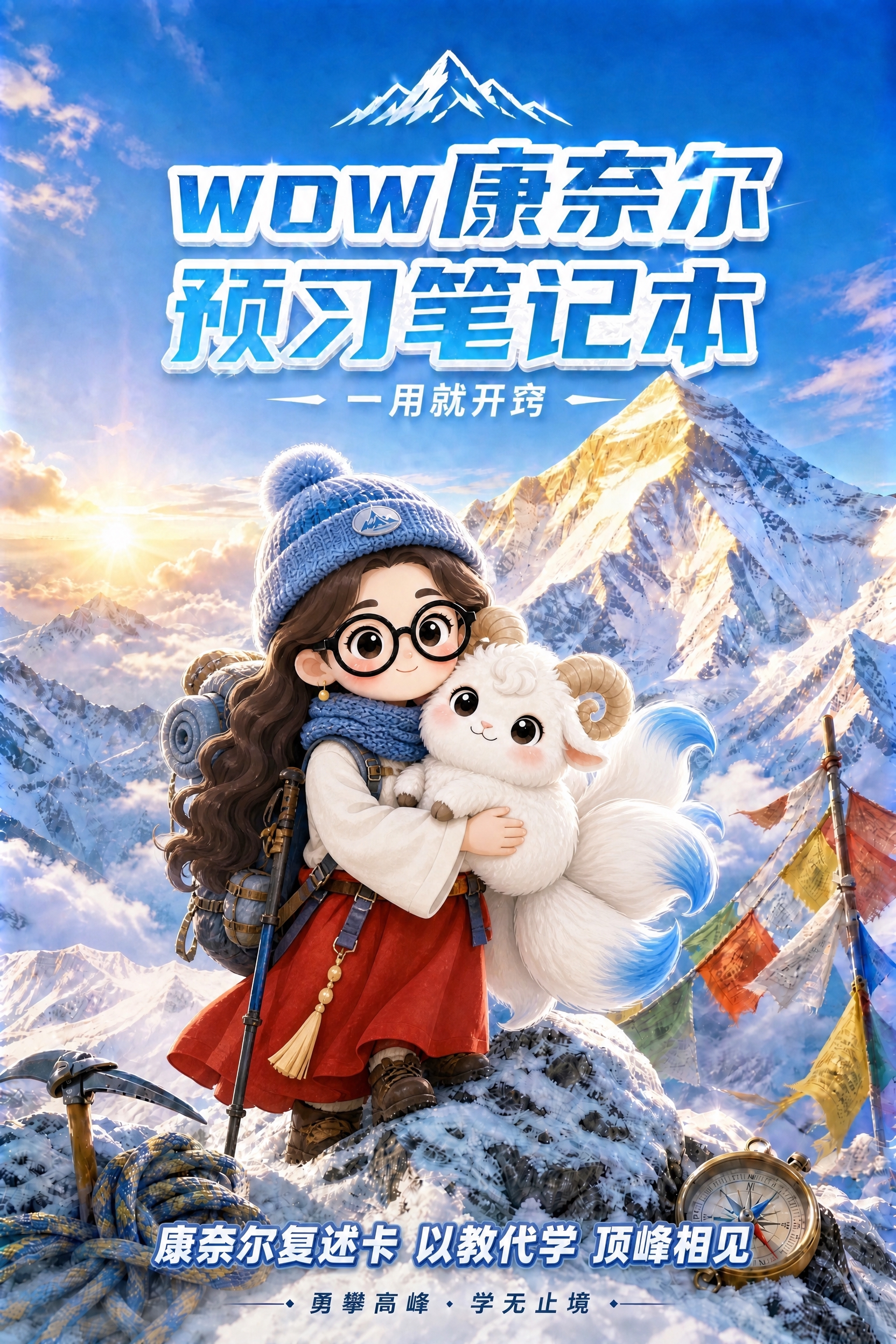 保持原图的珠穆朗玛峰雪山背景、日出阳光、经幡、登山装备、顶部标… - 图片创意预览