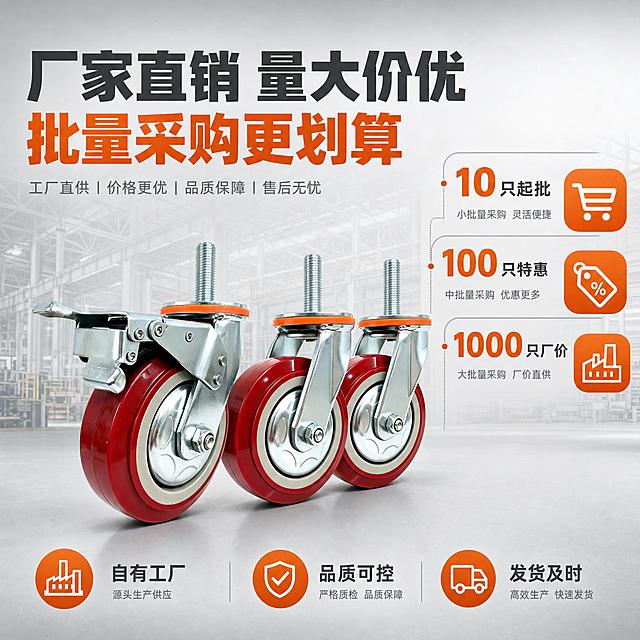 [主图-4 重制] 厂家直销量大价优卖点图，突出工厂直供的价格优势和批量采购优惠。核心要求：所有轮子的形状、结构、比例必须与输入参考图中的轮子完全一致，绝对不能变形，轮子的红色聚氨酯轮面厚度、银色轮毂形状、金属支架结构、丝杆长度和螺纹、橙色防尘圈、刹车踏板形状都要严格保持原图的样子。
[统一基调] 工业风格，浅灰色渐变背景（不使用纯黑背景），整体干净硬朗，主标题用深灰色粗黑体，强调色用工业橙，辅助文字用中灰色，字体为无衬线工业黑体。
[画面] 画面中下部整齐排列3只重型丝杆万向轮（1只带刹车款在左，2只无刹车款在右），全部使用与输入图完全相同的轮子外观和形状，轮子大小一致，呈45度侧视角，错落摆放形成批量陈列感，主体占画面约55%。背景为浅灰色工厂仓库/车间的模糊剪影，色调浅淡不抢主体。画面右侧有价格阶梯示意区域。
[光影质感] 商业工业摄影质感，金属支架高光清晰自然，红色轮面光泽圆润，丝杆螺纹锐利，整体光影均匀，轮子下方有自然的接触阴影，不悬浮。
[配色] 背景：浅灰渐变+淡工厂剪影；主标题：深灰色；价格/优惠信息：工业橙突出；辅助文字：中灰色；金属件银色；轮面红色；橙色防尘圈保持原图橙色。
[文字版式] 画面顶部主标题："厂家直销 量大价优"，深灰色粗黑体。下方橙色大字："批量采购更划算"。右侧阶梯式展示三个采购量级："10只起批"、"100只特惠"、"1000只厂价"，配图标。底部三个服务标签："自有工厂"、"品质可控"、"发货及时"。所有文字放在负空间，不遮挡轮子。
[输出要求] 1:1正方形比例，2048x2048像素，轮子形状100%保持输入图的原始形状和结构，绝对禁止轮子变形、轮面压扁或拉长、支架变形、丝杆变短变长等。文字清晰可读，无水印、无平台Logo。禁止静音字样、禁止免费开专票字样。