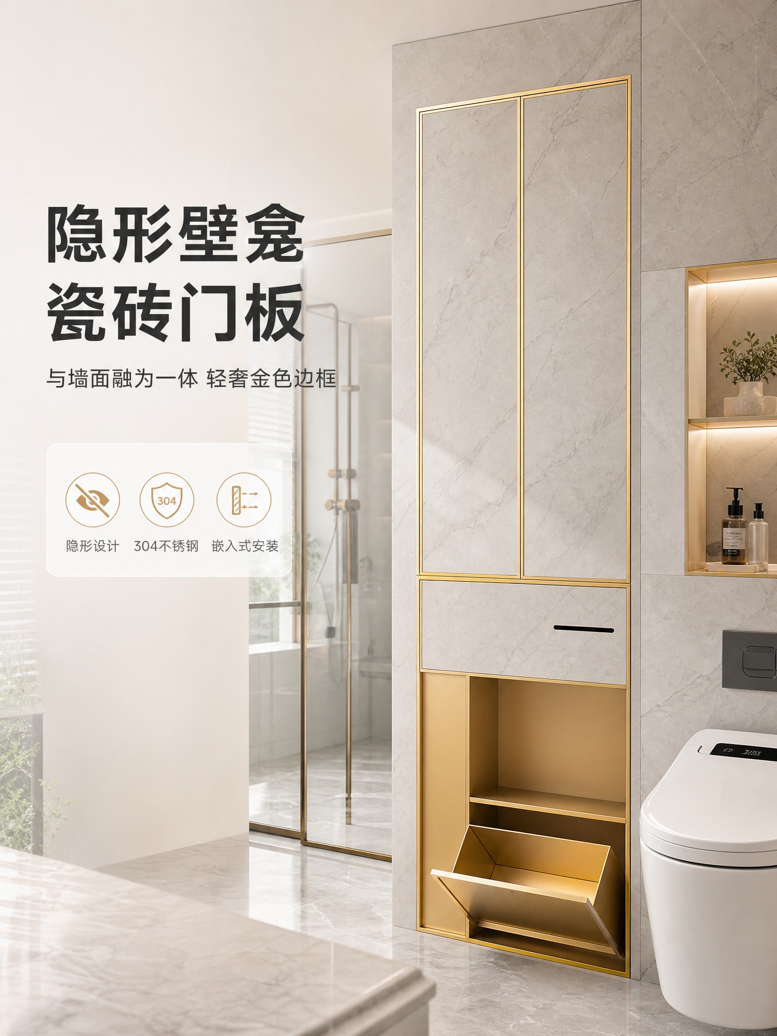 [商品] 使用【图1】金色款瓷砖门板隐形壁龛高柜；保留整体结构… - 图片创意预览