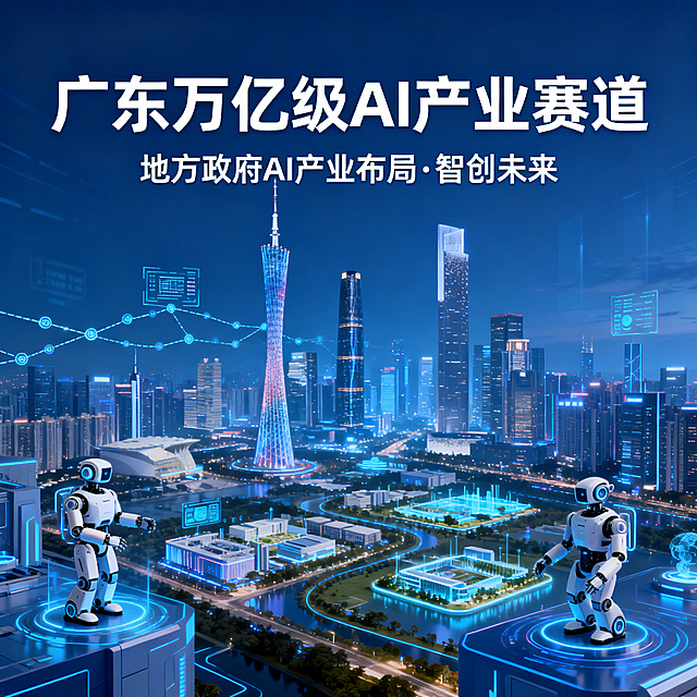 广东万亿级AI产业赛道，地方政府AI产业布局，现代科技感城市背景，融合广东地标元素，蓝色科技色调，大气庄重的产业招商视觉风格
