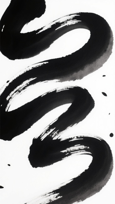 中国传统水墨风格墨迹背景，以浓黑墨色为主，呈现出流畅而富有动感的S形波浪状笔触，笔触边缘带有自然的飞白和墨点效果，墨色浓淡变化丰富，从深重的纯黑过渡到灰黑色的渐变，整体构图饱满，占据画面中心位置，背景为纯白色，营造出简洁而富有力量感的东方艺术氛围，展现出毛笔在宣纸上挥洒时的自然晕染和笔触张力，墨迹的形态既有整体的流动性又有局部的不规则细节，体现出水墨艺术的随性与写意。预览效果