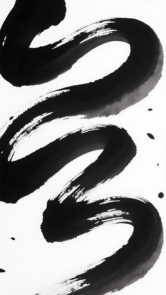 中国传统水墨风格墨迹背景，以浓黑墨色为主，呈现出流畅而富有动感的S形波浪状笔触，笔触边缘带有自然的飞白和墨点效果，墨色浓淡变化丰富，从深重的纯黑过渡到灰黑色的渐变，整体构图饱满，占据画面中心位置，背景为纯白色，营造出简洁而富有力量感的东方艺术氛围，展现出毛笔在宣纸上挥洒时的自然晕染和笔触张力，墨迹的形态既有整体的流动性又有局部的不规则细节，体现出水墨艺术的随性与写意。