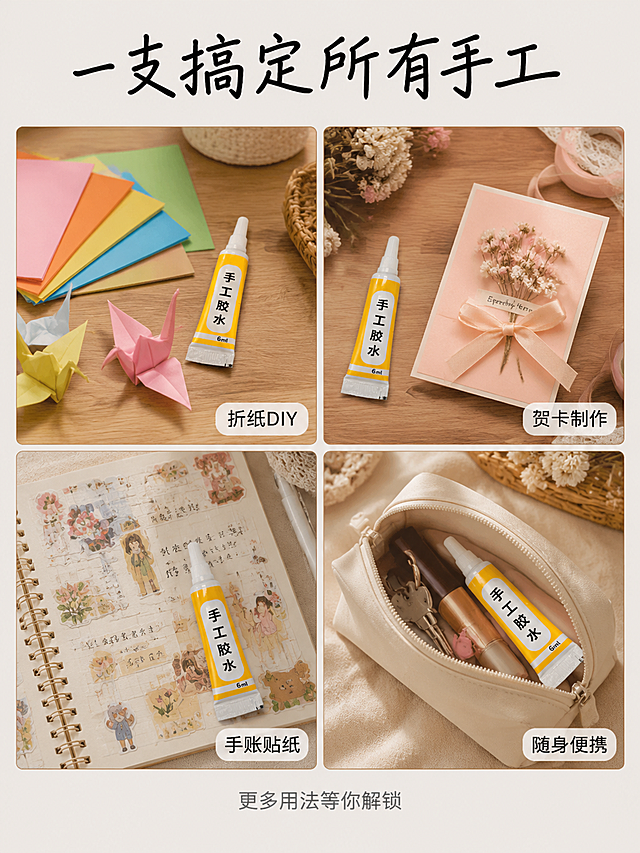 [主图-4] 手工胶水多场景适用宫格图 小红书场景展示。
[氛围风格] 生活方式感 清新手作 真实场景拼接；
[画质] 商业摄影质感 各宫格光影统一 产品清晰真实。
[元素] 四宫格布局 每格展示一个手工胶水使用场景 左上格 折纸手工场景 彩色折纸 胶水放在旁边 桌面上有千纸鹤成品 左下格 手账贴纸场景 笔记本打开 贴满贴纸 胶水放在手账本上 右上格 贺卡制作场景 干花 丝带 贺卡 胶水用于粘贴装饰 右下格 随身收纳场景 胶水放在小收纳包内 旁边有钥匙 口红 展示便携性。每格内胶水产品外观一致 场景真实自然 道具丰富。**保持手工胶水产品外观 即物理结构 材质质感 黄白配色 与输入产品图一致 杜绝任何变形和色差 精细化处理** 每格内产品占比适中 场景为主产品为辅但清晰可见。
[光影] 各宫格统一暖调自然光 明亮通透 阴影柔和 整体风格统一。
[配色] 主色暖木色+米白 辅色各场景马卡龙色系点缀 产品亮黄统一识别。
[视角构图] 四宫格均等分割 每格独立场景 俯视或45度视角 整体构图整齐。
[文字版式] 顶部大标题「一支搞定所有手工」 手写体黑色居中 每格右下角有白色圆角小标签 分别写 「折纸DIY」「手账贴纸」「贺卡制作」「随身便携」 黑色小字 标签半透明不遮挡主体。底部小字「更多用法等你解锁」 灰色细体居中。
[输出要求] 3:4比例 文字清晰可辨 超高清商业摄影质感。
[负向提示词] 变形 文字错乱 产品图模糊 背景杂乱 水印 电商平台Logo 多余的手 畸形手。