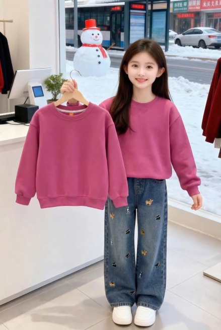 用图1卫衣和裤子替换掉图2的模特身上穿的衣服裤子和模特手里衣架上挂着的衣服，保留原场景光影，保持图2的人物的五官和发饰不变，姿势不变，拍摄角度不变，模特的朝向不变，背景不变，图片宽高尺寸不变，保持图预览效果