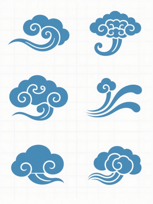 中国传统祥云纹样系列设计，白色背景，六个完全不同造型的祥云图案呈两行三列网格状整齐排列，保持中式传统风格、线条流畅性与简约美感，整体色彩变换为青蓝色系，每个祥云纹样融入不同的传统云纹元素变体，分别为勾卷云、灵芝云、如意云、三尾云、团状云、层叠云，线条细腻圆润，造型各异，具有浓厚的东方韵味和装饰性，适合作为系列素材集合使用。预览效果