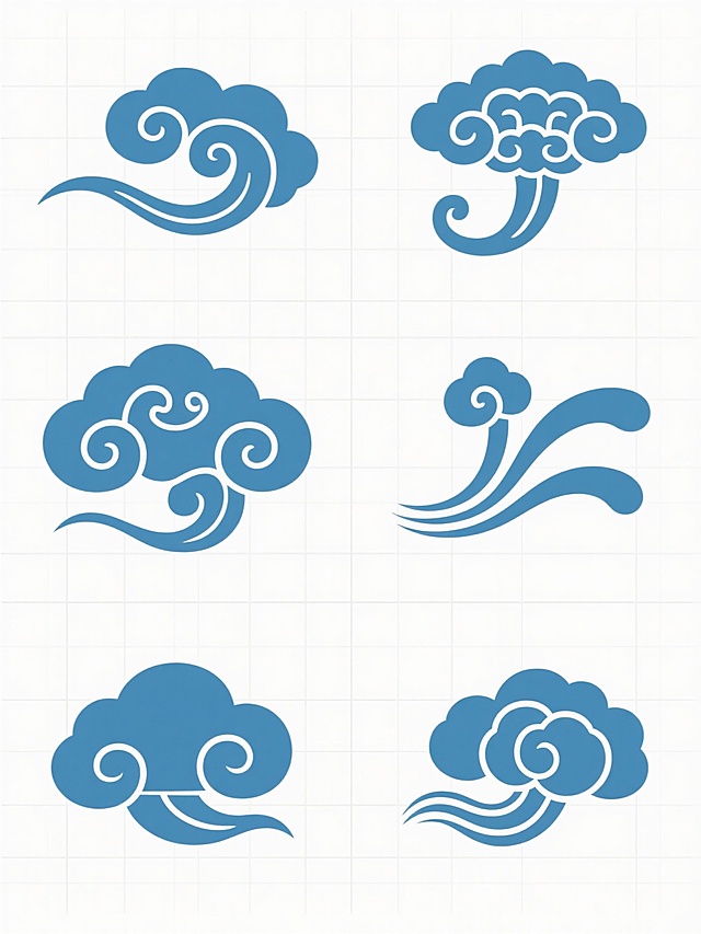 中国传统祥云纹样系列设计，白色背景，六个完全不同造型的祥云图案呈两行三列网格状整齐排列，保持中式传统风格、线条流畅性与简约美感，整体色彩变换为青蓝色系，每个祥云纹样融入不同的传统云纹元素变体，分别为勾卷云、灵芝云、如意云、三尾云、团状云、层叠云，线条细腻圆润，造型各异，具有浓厚的东方韵味和装饰性，适合作为系列素材集合使用。