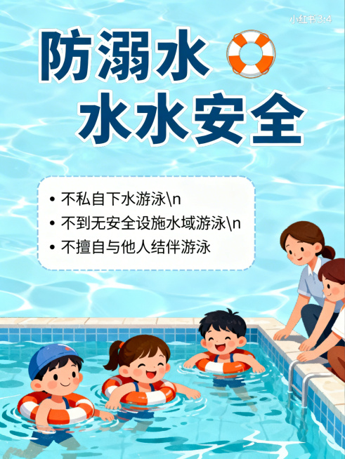小红书3:4竖版宣传图，防溺水安全主题，浅蓝色水波背景。顶部标题"防溺水安全"配橙白救生圈图标。左侧文字框内容："• 不私自下水游泳\n• 不到无安全设施水域游泳\n• 不擅自与他人结伴游泳"。右侧插预览效果