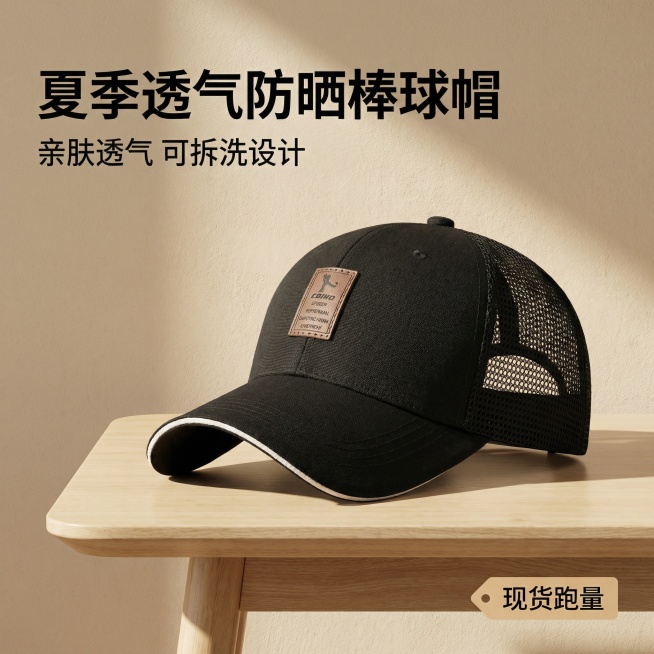 [主图 1] 夏季透气遮阳棒球帽主图展示
[氛围/风格] 温馨舒适家居治愈风，柔和自然光，干净高级质感
[画面元素] 保留原产品黑色网帽的外观细节，将产品放置在简约木质桌面上，背景为浅米色温馨墙面，一预览效果