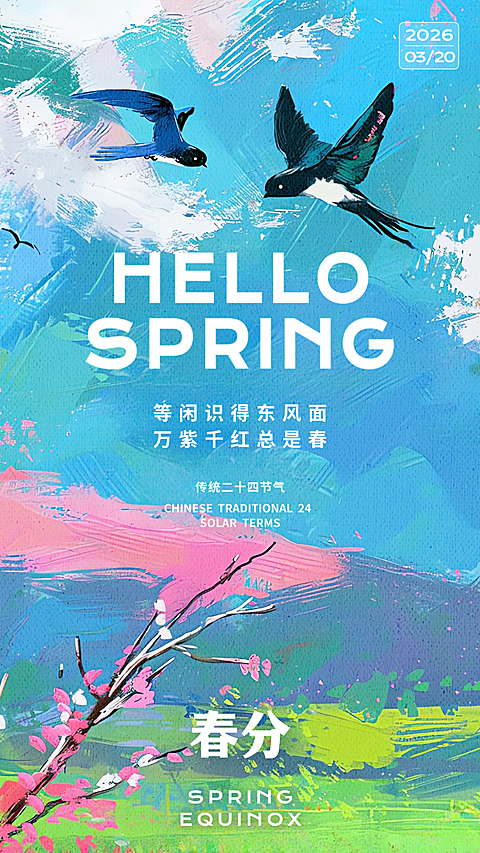蓝色油画春分二十四节气春天质感手绘彩色插画手机海报