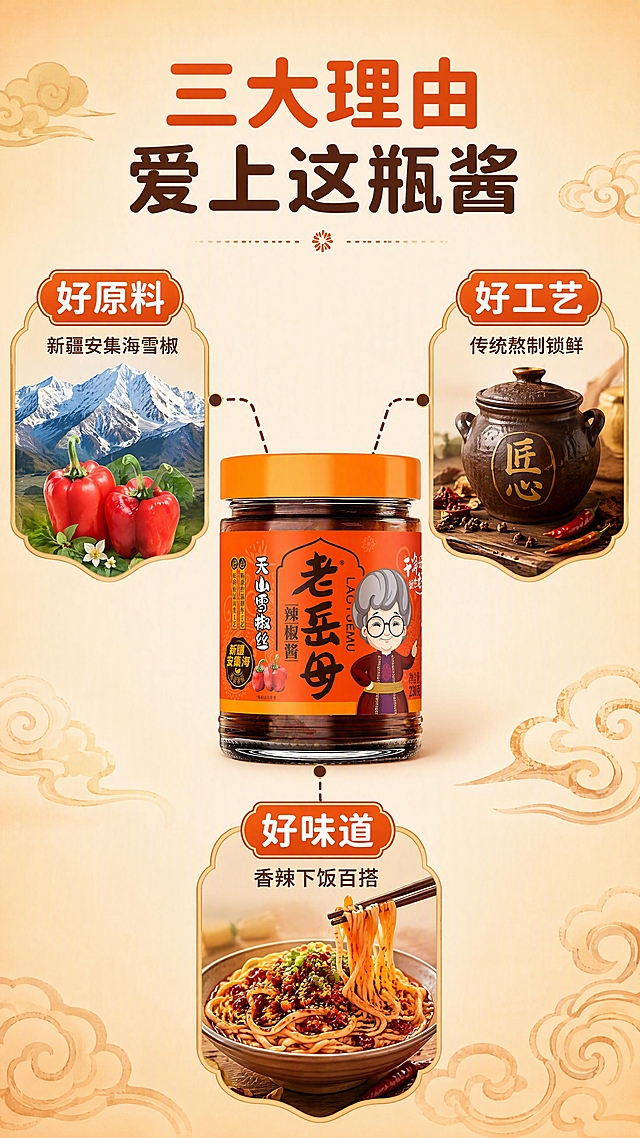 [第4张] 详情页核心卖点拆解-老岳母天山雪椒丝辣椒酱三大核心理由。本张使用【图1】作为商品主体。
[氛围/风格] 国潮信息图风格，清晰有条理，商业设计质感。
[元素布局] 画面中央放置辣椒酱正瓶，占比约40%；从瓶身向四周引出三条引线分别指向三个卖点区域：左上「好原料」配新疆雪山+辣椒小图标，右上「好工艺」配传统陶坛+匠心小图标，下方「好味道」配拌面碗+香辣小图标；背景为暖米橙色渐变，点缀传统祥云纹样。
[光影质感] 均匀柔光，瓶身清晰立体，整体明亮干净。
[配色色系] 全局底色 #FFF3E6（暖米橙）；主色橙红 #E85D1F；辅助色深棕 #5D2E0E、金色 #C9A66B。
[视角构图] 中心放射式构图，产品居中，三卖点呈三角分布，阅读动线从中心向外。
[文字版式] 顶部大标题「三大理由 爱上这瓶酱」；三个卖点区各有短标题+说明：「好原料 新疆安集海雪椒」「好工艺 传统熬制锁鲜」「好味道 香辣下饭百搭」；标题用圆润黑体，橙红色主字；引线为深棕色虚线+圆点；文字清晰不遮挡瓶身。
[比例分辨率] 9:16竖版比例，4K分辨率，文字清晰可辨，高清画质。
[负向提示词] 瓶身变形，标签文字错乱，颜色偏差，水印，文字过小，卖点图标模糊。