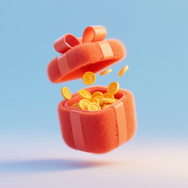 一个悬浮的礼盒，橙红色，彩带，盖子打开，里面的黄色钱币露出，散落预览效果